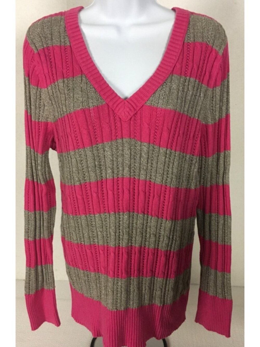 Arizona Jean Co Sweater Women Size 1X Pink Gray Stripe Long sleeves V neck